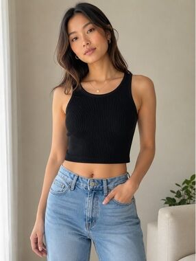 DNA Black Ribbed Cropped Tank Top Sleeveless Stretch Knit Size Small